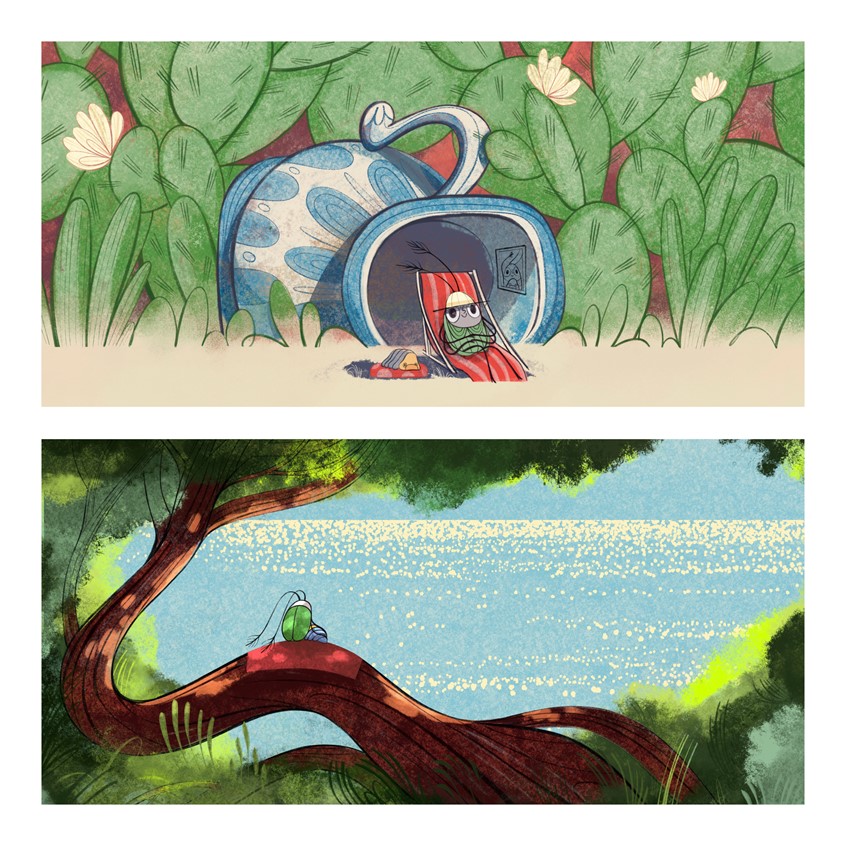 illustration of These two illustrations are part of a sequential series I created for the prompts of the Bug Week 2025 challenge on instagram. I wanted to explore color and texture, and challenge myself with creating a storyline that connects all the prompts. The main character is a friendly little bug and their pet rubber ducky isopod.