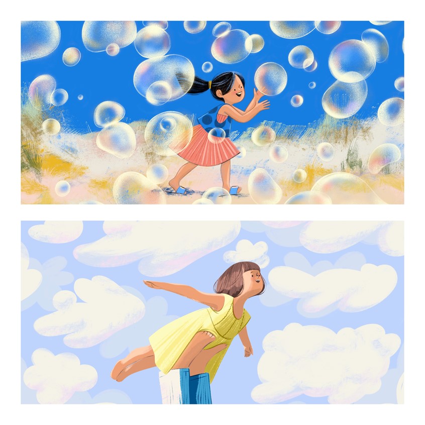 illustration of Both of these illustrations are personal projects exploring childhood summers and playtime. The theme centers kiddos' joyful imagination, that can turn the simplest things, such as clouds and soap bubbles into sources of magic and wonder.