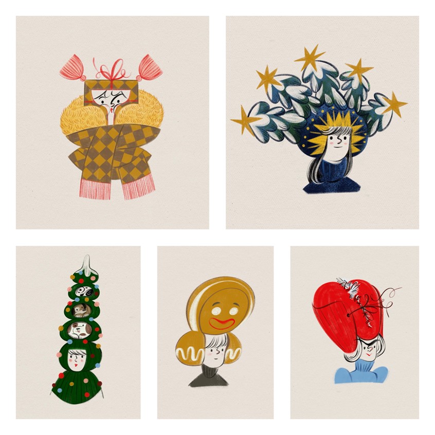 illustration of 5 gorgeous winter hats you never knew you needed. The starter kit for anyone who wants to enter the Holiday Season well prepped, fashionable and ready for any and all occasions. From keeping your pets close and warm, to complete sound protection: you name it, the series got you covered. No pun intended. The complete series is up on my instagram.