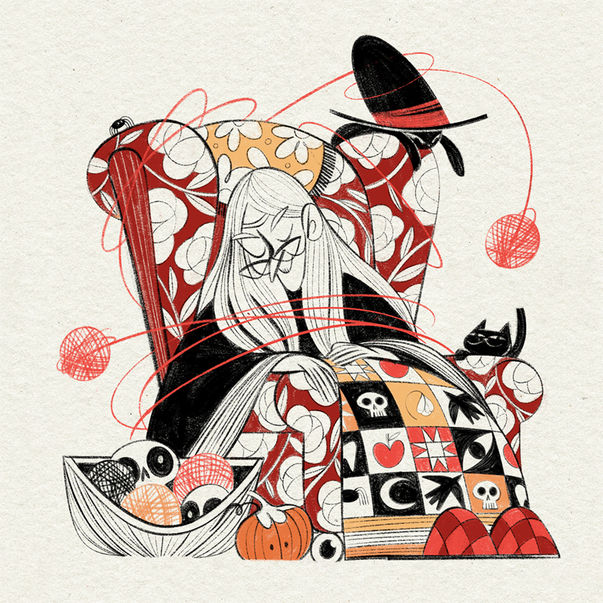 illustration of This illustration is part of my creepy cute drawtober series from 2025. My go to method for this challenge besides combining different lists, is flowy linework and a limited color palette. The prompts I used for this one were: spell, yarn, rivals, sleep and skull and ended up with this peaceful witch deep in slumber, blissfully unaware of the shenanigans of her familiars.