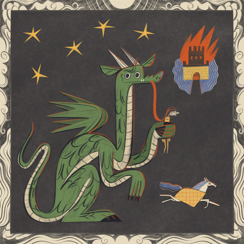 illustration of This illustration was part of a fun series inspired by the year of the dragon theme circulating on socials. As you can see Dragon is winning, as one should when a whole year is dedicated to them. The knight apologized for the thing with the sword and returned the stolen egg. No horse was harmed.