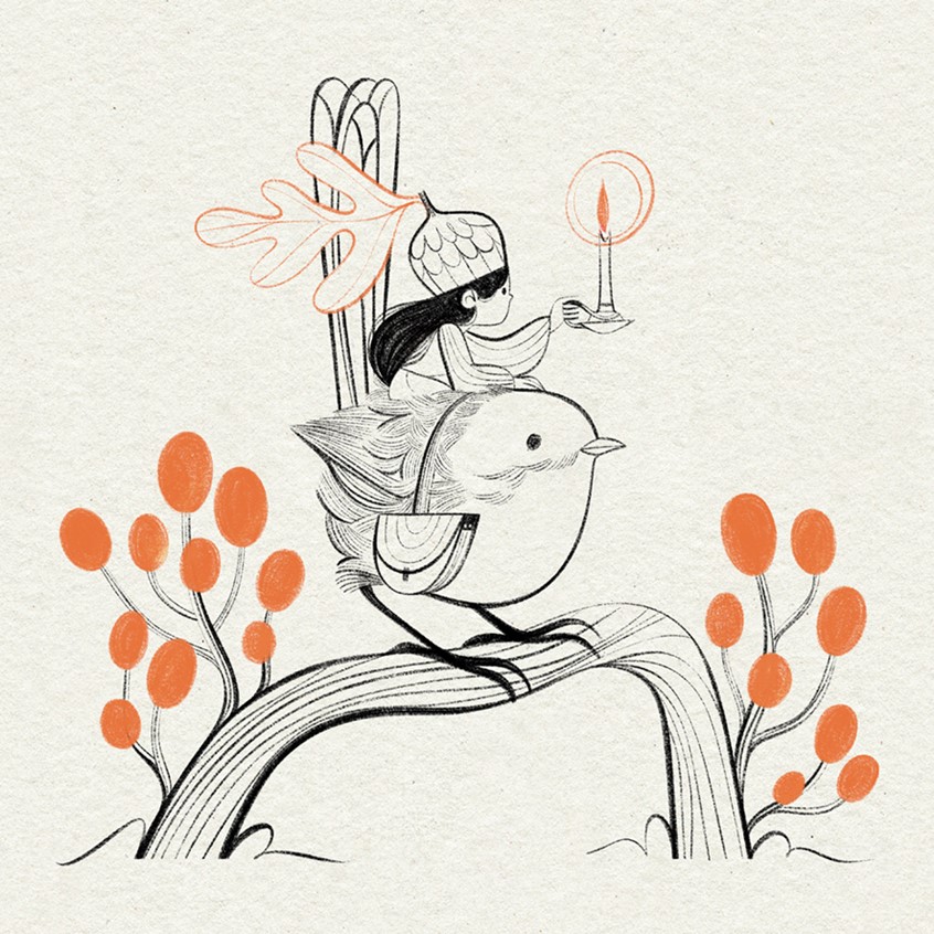 illustration of This illustration depicting a magical scene with a tiny messenger sitting on her robin holding a candle looking for new adventures on the horizon was created for the 2025 inktober challenge. Besides the creepy cute themes, the flowy black lines and the limited color palette holds this series together.
