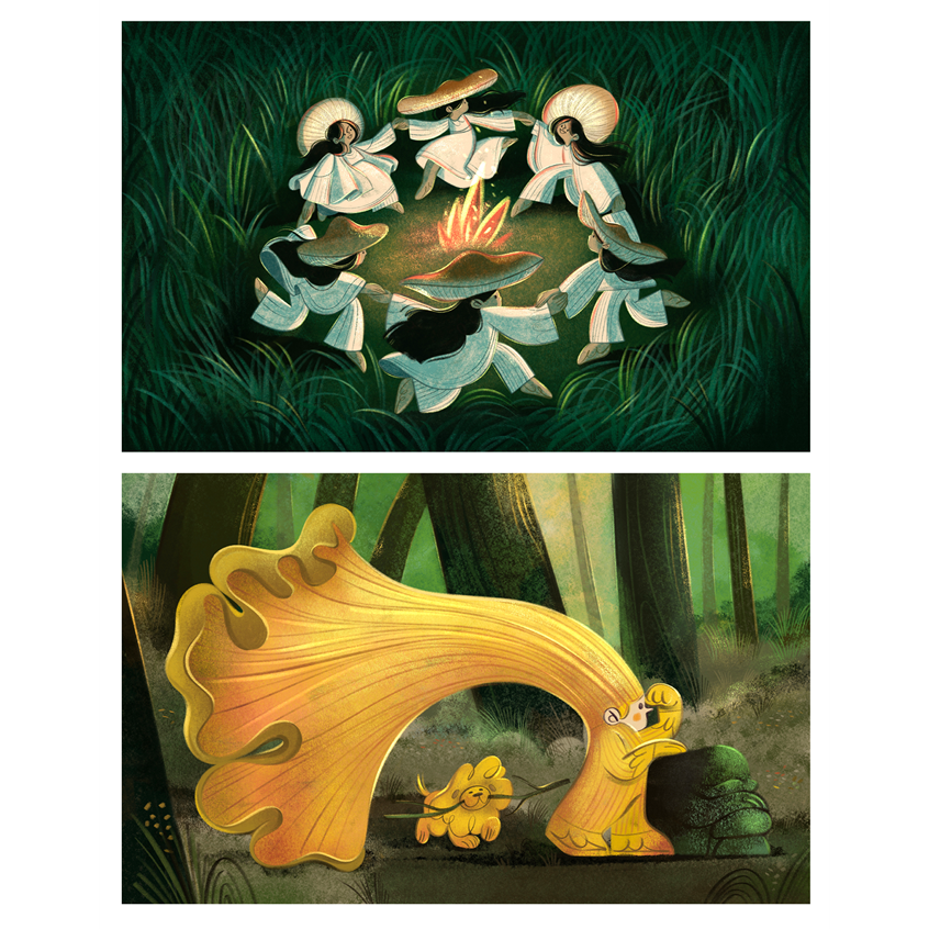 illustration of As part of the Funguary challenge 2025 I created characters in enchanted forest environments inspired by different mushrooms. In the previous years my focus was character development only so earlier series were linework to keep the forms clear and simple. In 2025 honouring the last season of this challenge I went deeper and besides linework I created these coloured pieces.