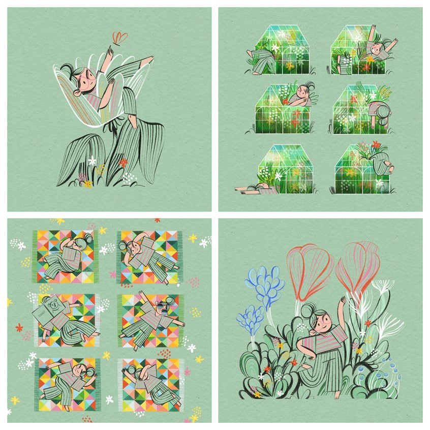 illustration of Personal illustration series I created back in 2023 for the Blooming March Week hosted on instagram. Some of the themes were: spring in the park (chilling in the park on a quilted blanket with a good book sounds like a good plan), blooming glasshouse (and feeling all the feels) and succulents.