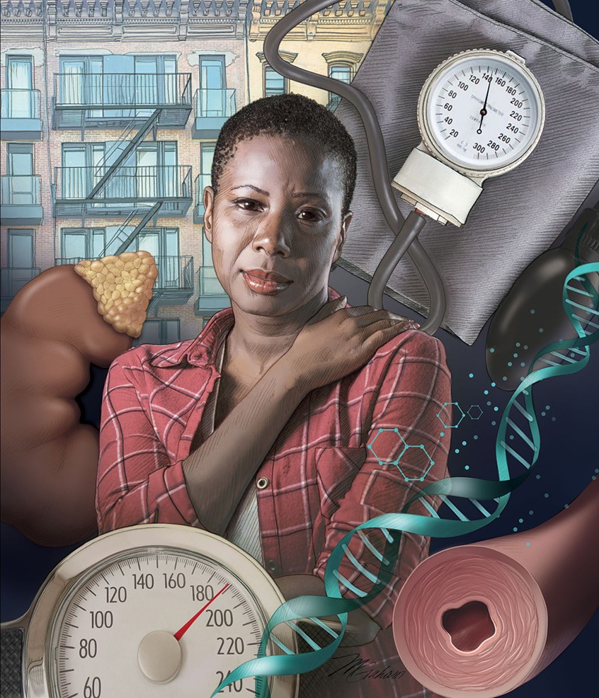 illustration of Hypertension affects black women disproportionately. This illustration shows a blood pressure cuff and a scale, a constricted artery, the kidney and adrenal gland. Also shown are DNA strands as well as low income housing as possible causes of hypertension.