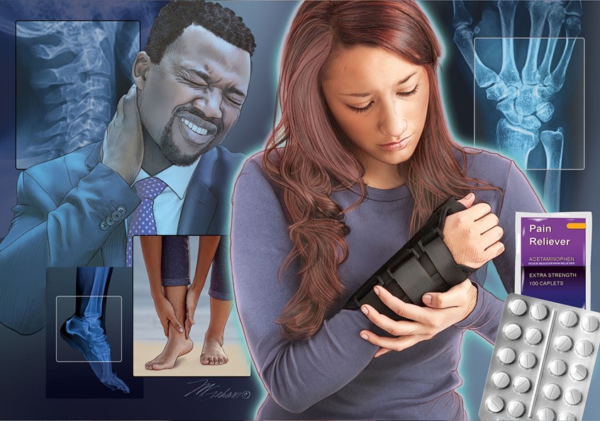 illustration of The main figure in this illustration has her wrist in a brace. There is also a man with neck pain and an image of feet indicating ankle pain. The various x-rays accompany the images accordingly.