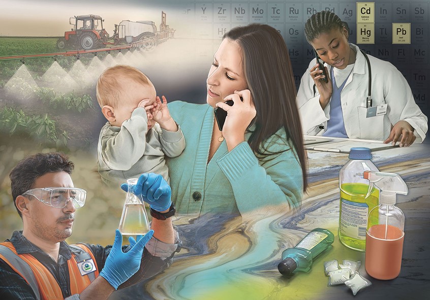 illustration of The central figure is a mom on the phone holding a child who is rubbing his eyes. A doctor in the upper right is also on the phone. A river of toxic waste is running through the composition at a diagonal. In the upper left of the illustration a farm tractor is spraying a field, the spray seems to be engulfing the mom and her child. An environmental worker is looking at a beaker filled with dirty water.