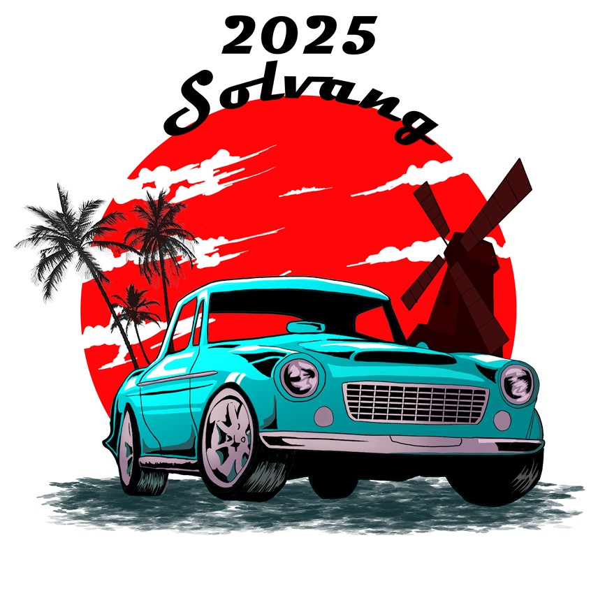 illustration of It is a graphic tee for a car show in Solvang. It is a Datsun model car. I designed it with elements from Solvang and California, and added the big red sun since the car originates from Japan.