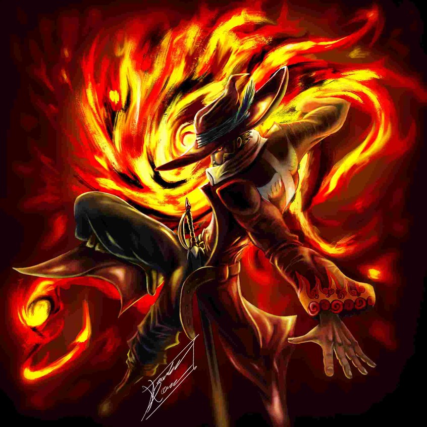 illustration of A flame mage creates a giant fireball. dressed like a noir detective in the medieval ages. He is an idea for a story I am working on about a detective agency set in a criminal empire.