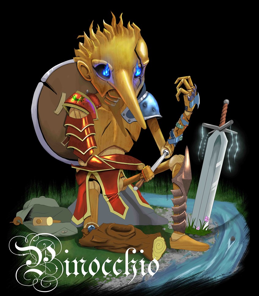 illustration of A concept design challenge, the idea of fairy tale characters as warriors. I designed Pinocchio as a gladiator, also taking reference from Guillermo del Toro's design.