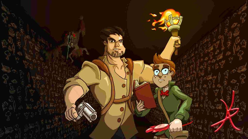 illustration of A buddy duo I designed of archaeologists who go on Indiana Jones-like adventures, facing mystic creatures and totalitarian government armies wanting the secret powers for themselves.