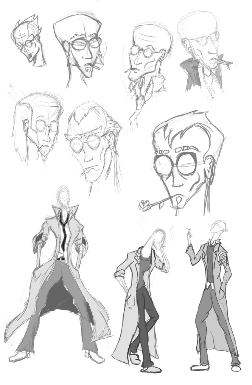 illustration of An in-depth character design for a lazy but brilliant scientist named Dr. Slothian. I like to design head first, then go into clothing and went with an unkept design but big, baggy clothes.
