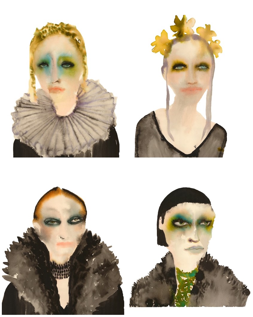illustration of Four of the faces from my fashion based Inky Faces Series. Luna, Ophelia, Simone and Magda. Watercolour Inks. Now retailing in London Stockists as Cards and Giclee Prints.