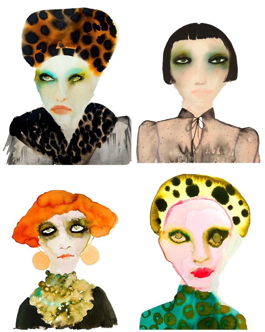 illustration of Four of the faces from my fashion based Inky Faces Series. 'Mila, Cicely, Marchesa Luisa and Sylvie'. Made using Watercolour Inks. Now retailing in London Stockists as Cards and Giclee Prints.