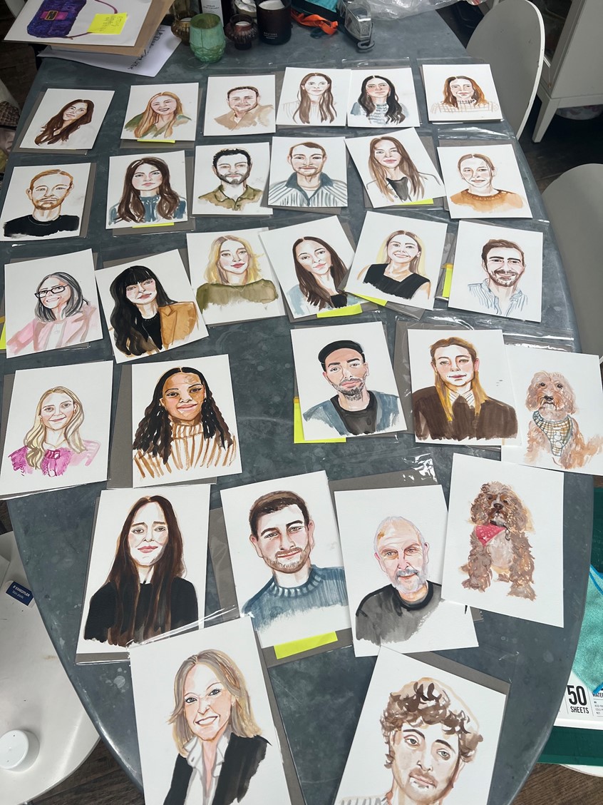 illustration of Completed Live Portrait Head Shots of all the Staff Members at Inside Source Office Design Company, Clerkenwell, Feb 2026. I created initial sketches in person then added detail afterwards from photos. The portraits are now framed in their office in Clerkenwell.