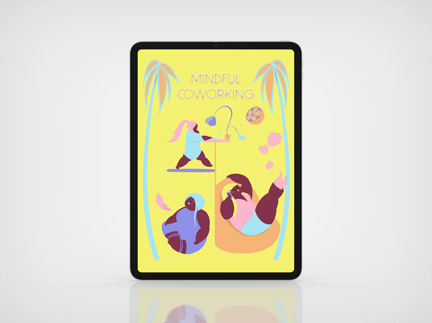 illustration of A sunny little universe for people who answer emails, drink iced coffee, stretch between meetings, and pretend their desk plant is thriving. Designed for contemporary coworking spaces and creative brands.