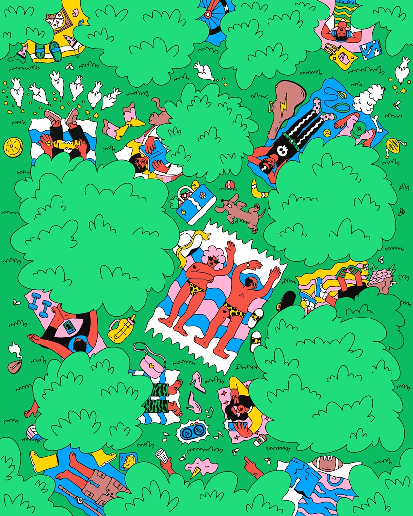 illustration of This is a self-initiated concept I created for an art open call. It’s a vibrant, playful illustration of a park scene viewed from above, where colorful characters lounge on blankets among bright green bushes. Scattered details like food, pets, and quirky objects add humor and chaos, giving the piece a lively, cartoonish energy. And just a wink 😉 — this artwork is open for licensing and would make a great fit for puzzles, prints, or other playful formats.