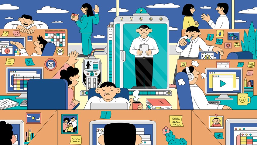 illustration of Quick Recharge in the Workplace — Huawei AppGallery Illustration created for Huawei AppGallery, designed to accompany featured app recommendations around workplace wellbeing and quick mental recharge. Inspired by app store editorial banners, the piece visualises a busy office environment where small moments — drinking water, white noise meditation, stretching, conversations and simply looking out at the sky — become small ways to recharge during the workday.