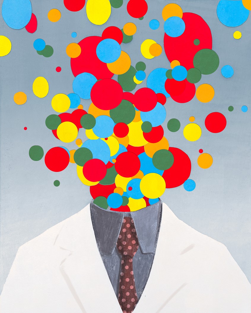 illustration of Color balls exploding out of a lab coat. Personal piece based on the article More Than A Feeling, which is about how science is connected to childlike wonder and creativity.
