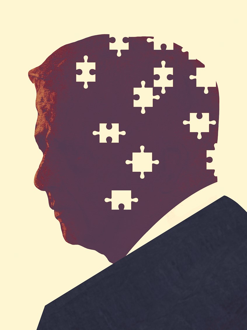 illustration of Portrait of a man who's missing pieces of his head. Personal piece based on the article Taking Care of a Man I No Longer Love, which was about an older woman who has mixed feelings about what it's like living with her husband who's suffering from dementia.