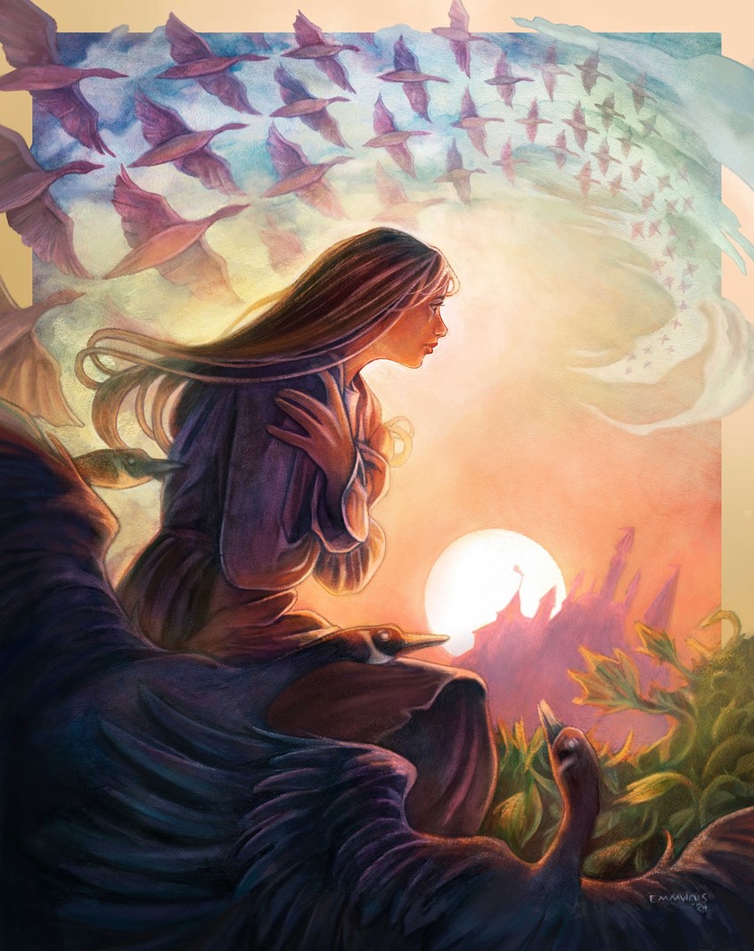 illustration of Watercolor and digital book cover illustration of the Brothers Grimm fairy tale, the Goose Girl. Inspired by a 2-D design class I taught at a community college.