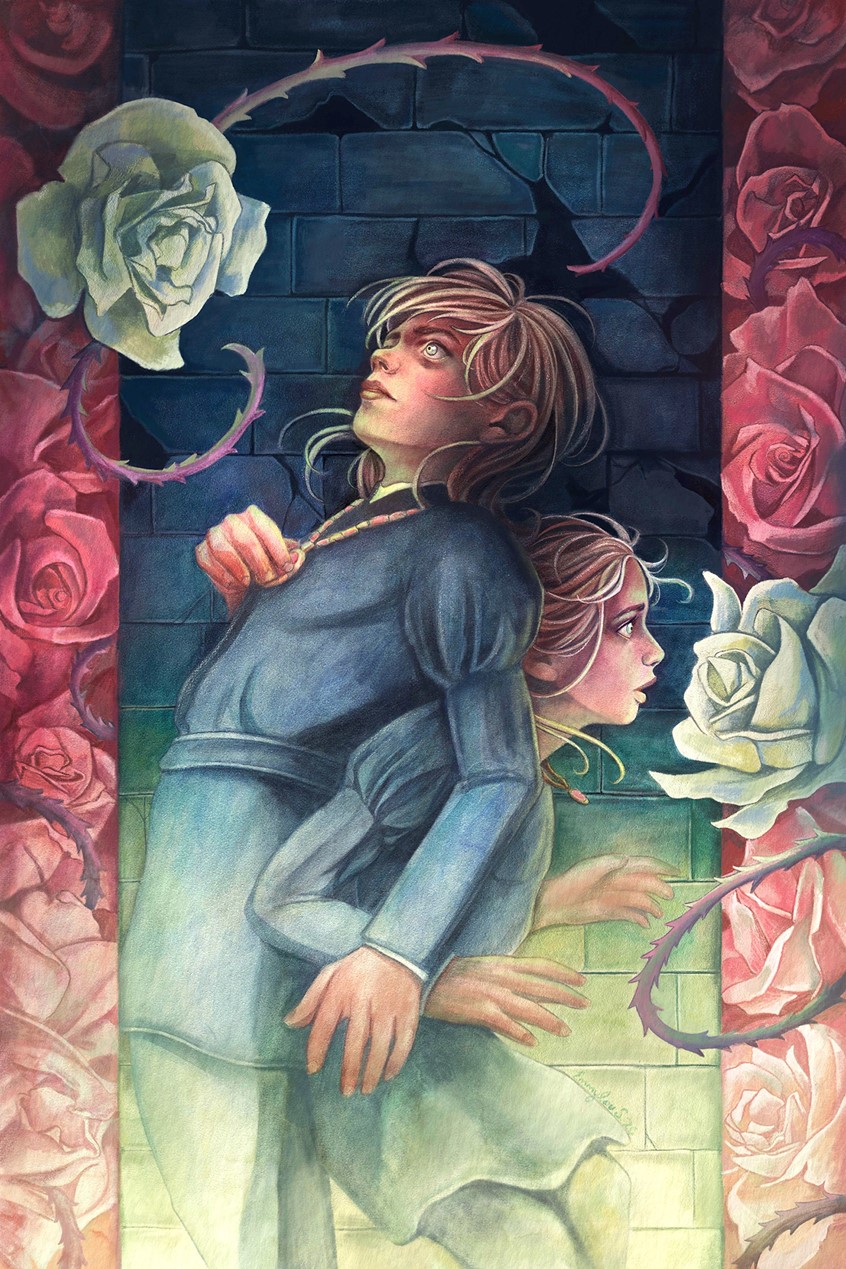 illustration of Watercolor and digital book cover illustration inspired by the tragic events surrounding the infamous princes of York during the Cousins' War (War of Roses).