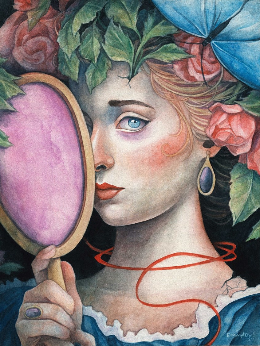 illustration of Watercolor painting on board inspired by the tragic life of the Austrian queen, Marie Antoinette.
This painting has been exhibited at Echo Park Art Gallery in Los Angeles, CA for the group exhibition