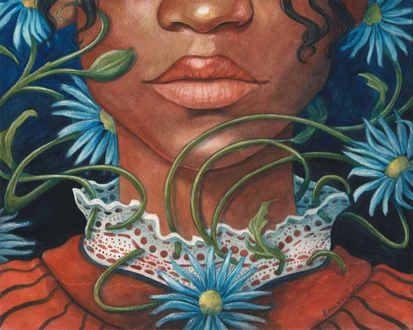 illustration of A whimsical close-up portrait of a young girl in a red, striped dress, with an ornate lace collar that blooms into swirling blue daisies. It is set against a blue-black background; her gentle smile and soft details create a sense of lightness, growth, and rising wonder.
Accepted into the juried exhibition