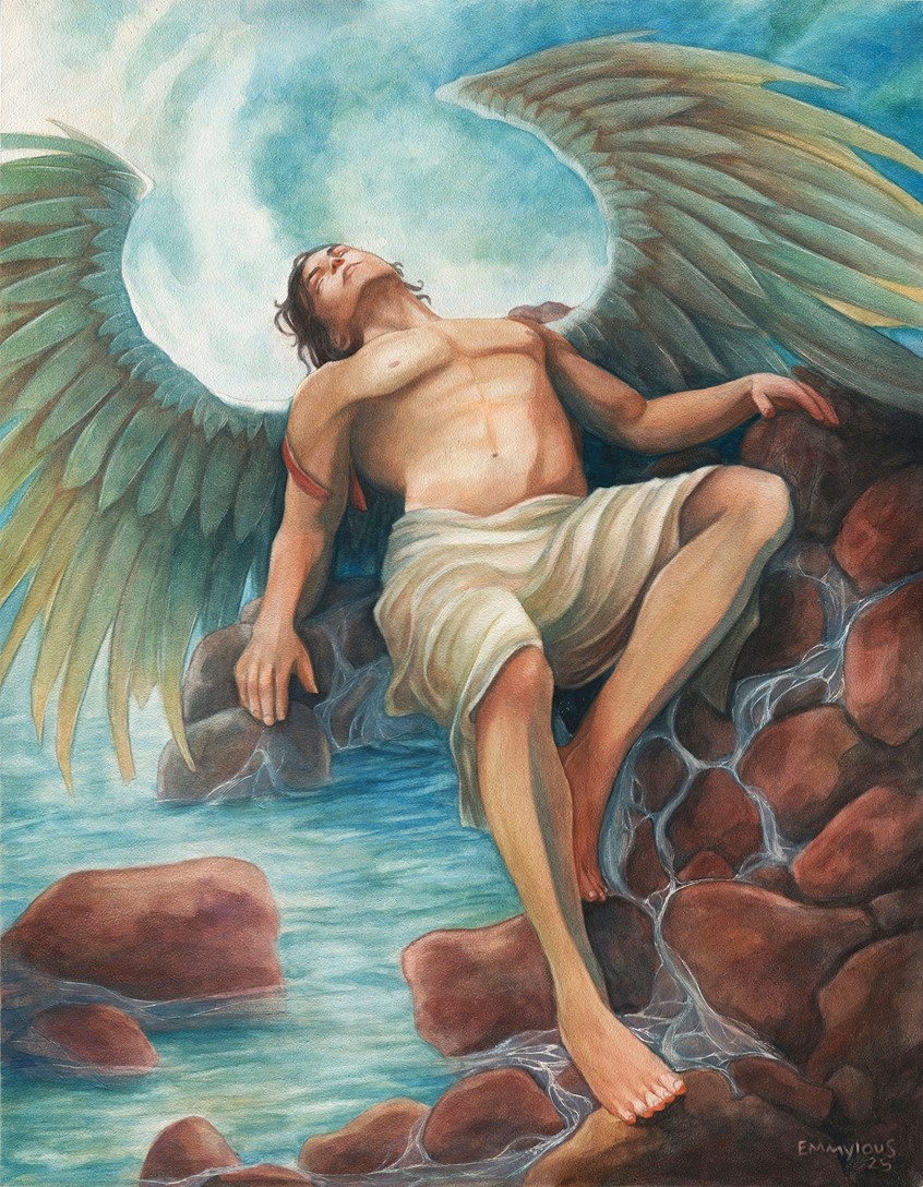 illustration of Watercolor painting that captures a moment of stillness in ‘Icarus Has Fallen’ after his fate has been sealed. As he rests upon the rocks, a cold, lingering sadness lingers within the air as the viewer is put into a position of helplessness, unable to change this tragedy.
Exhibited at group exhibition