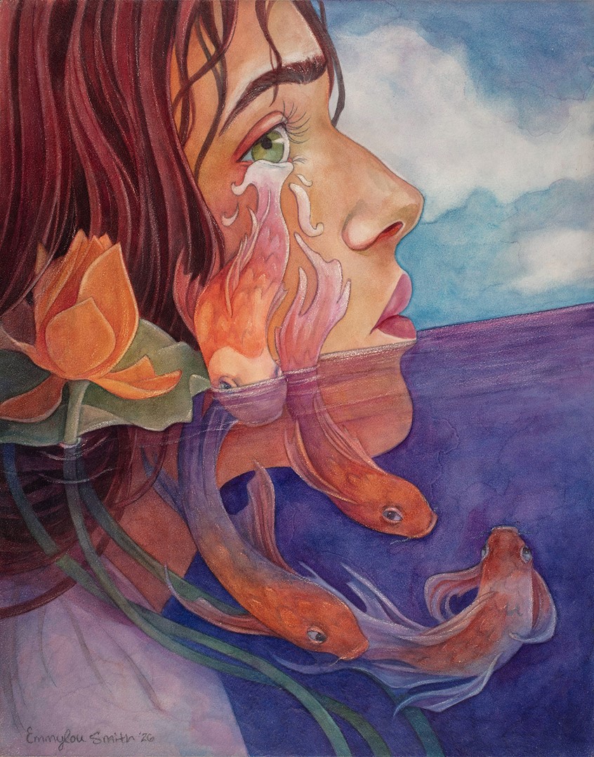 illustration of Watercolor on board.
Grief is an uninvited guest that never leaves. It burrows into your heart, leaving you to spring back and forth between pain and numbness. While everyone experiences grief differently, one constant remains the same: we must keep moving forward. Finding the strength to carry on after loss is not easy, but it is possible.
Exhibited at Modern Eden Gallery for group exhibition
