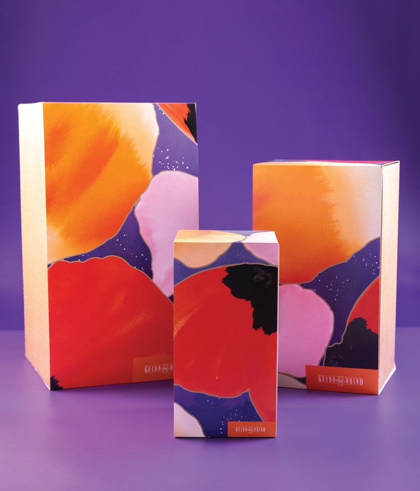illustration of Colorful petals for Easter chocolate packaging for spring magic holidays. Paper box, botanical, pattern, chocolate, violet sparkling, poppy, rose, orange