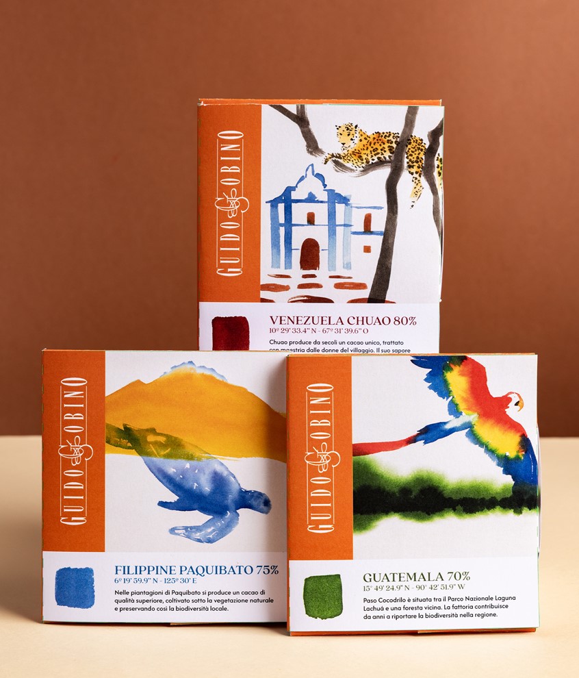illustration of Watercolor wild animals and iconic places which evoke the origin's country of the chocolate beans: Filippine, Guatemala, Venezuela. Jaguar, sea turtle, parrot. Colorful, vibrant, ink painting, on paper, packaging, birds,