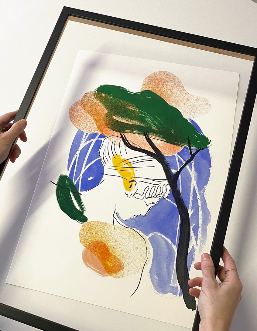 illustration of The Venus of the Esquilino, one of tree artworks for an Hotel in Roma: young woman statue with typical pine tree and fountain water in the background. orange, green, yellow, blue, framework, ink on paper, site specific