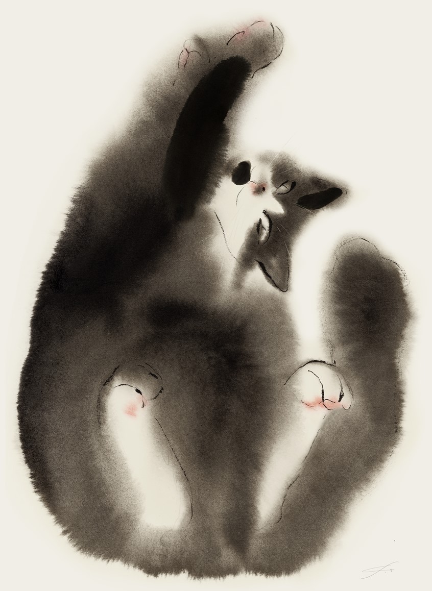 illustration of Ink and watercolor painting of a cat created for a dog and cat rescue center. Poster, Paws, cat, hair, animal, feline, pet, Japanese style
