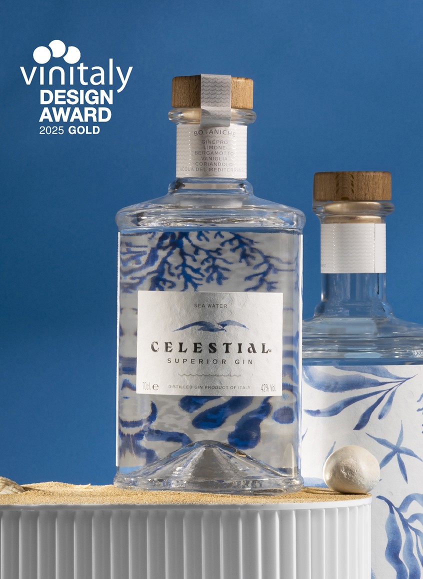 illustration of Pattern and texture of a seabed surface evoking sea water taste, salt and blue. Celestial Gin chose to use sea water as a main botanical. Starfish, algae, seagull, coral, marine elements, mediterranean, water plants, underwater, blue