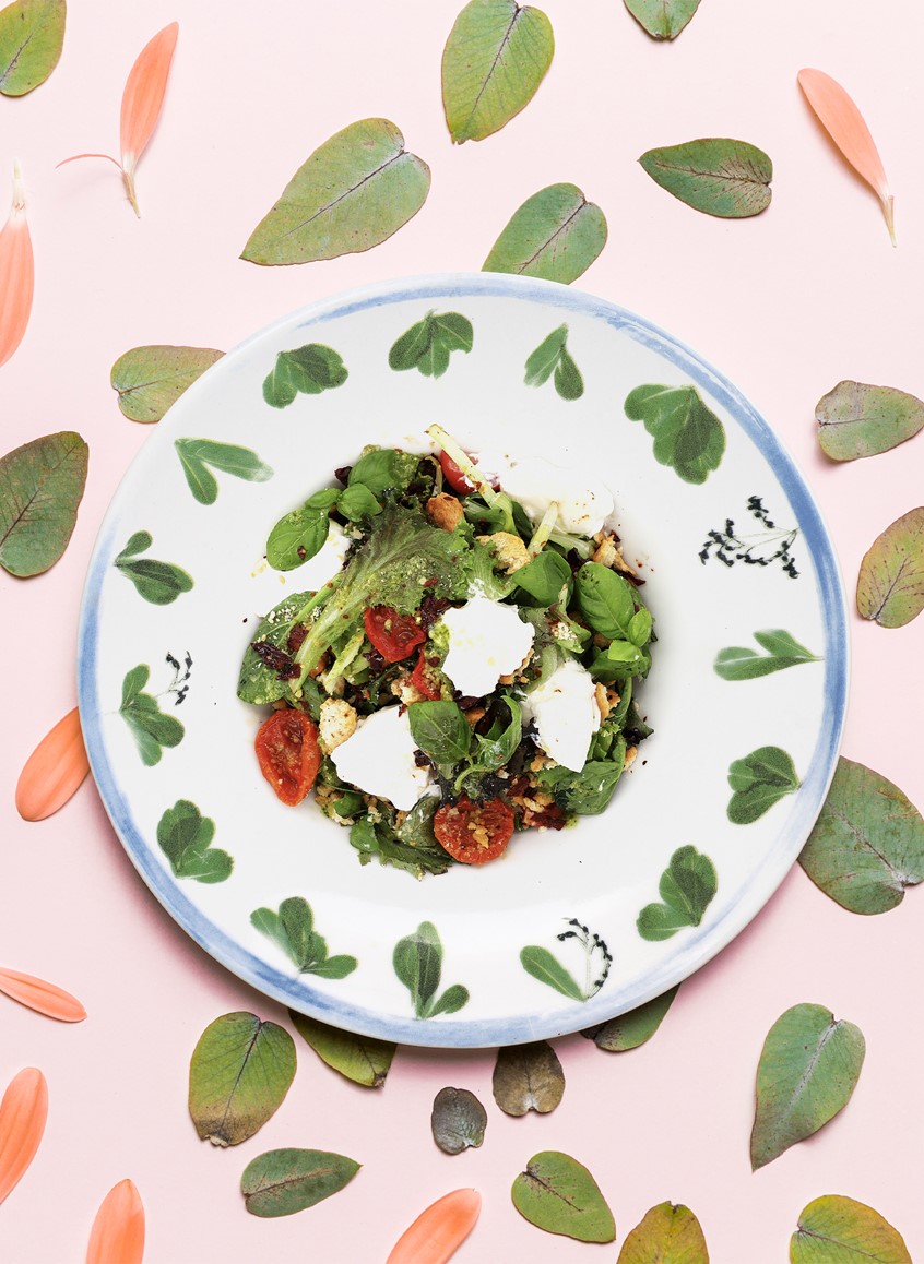 illustration of Printed design for Eataly restaurant dishes served with a special salad. Featuring salad leaves, microgreens, and a blue ring symbolizing the water and plant farming process at Planet Farms. Green, fresh, food, restaurant, botanical, Italian, decoration, printed file, ceramic printing, digital illustration, watercolor brush