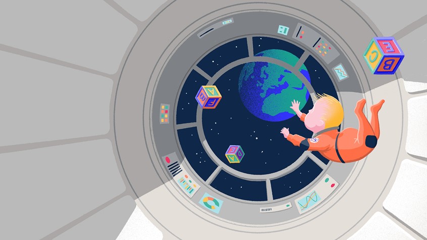 illustration of Illustration for Nesta 'Future Signals' article investigating possible future trends including people inhabiting outer space and the effects this could have on us including pregnancy and birth.